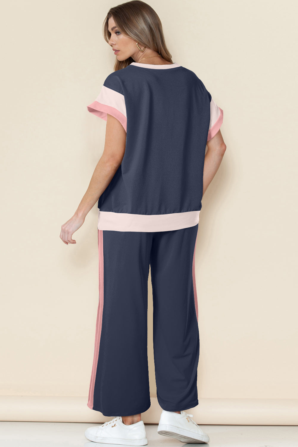 White Color Block Detail Casual Two-piece Set