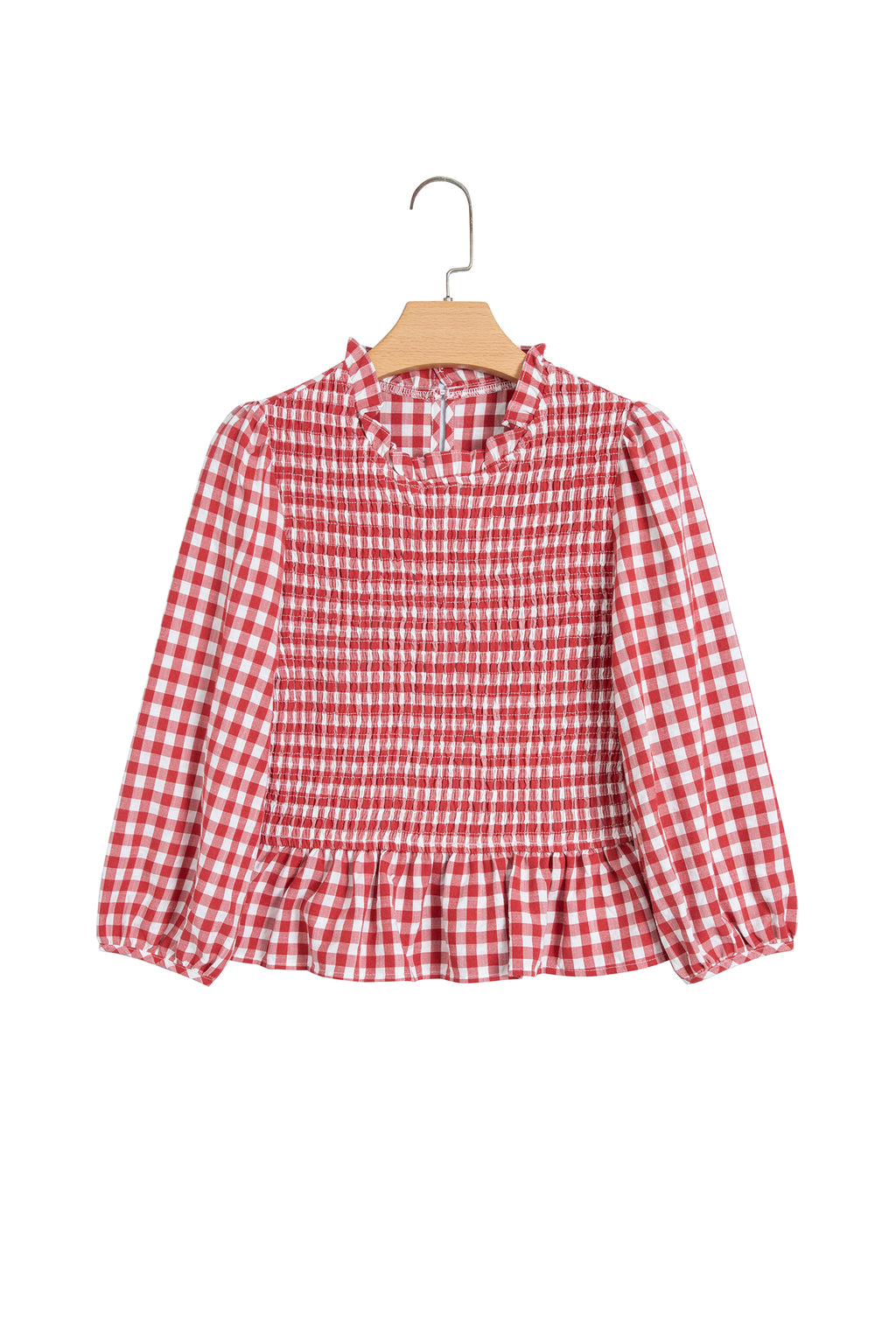 Green 3/4 Sleeve Shirred Plaid Peplum Top