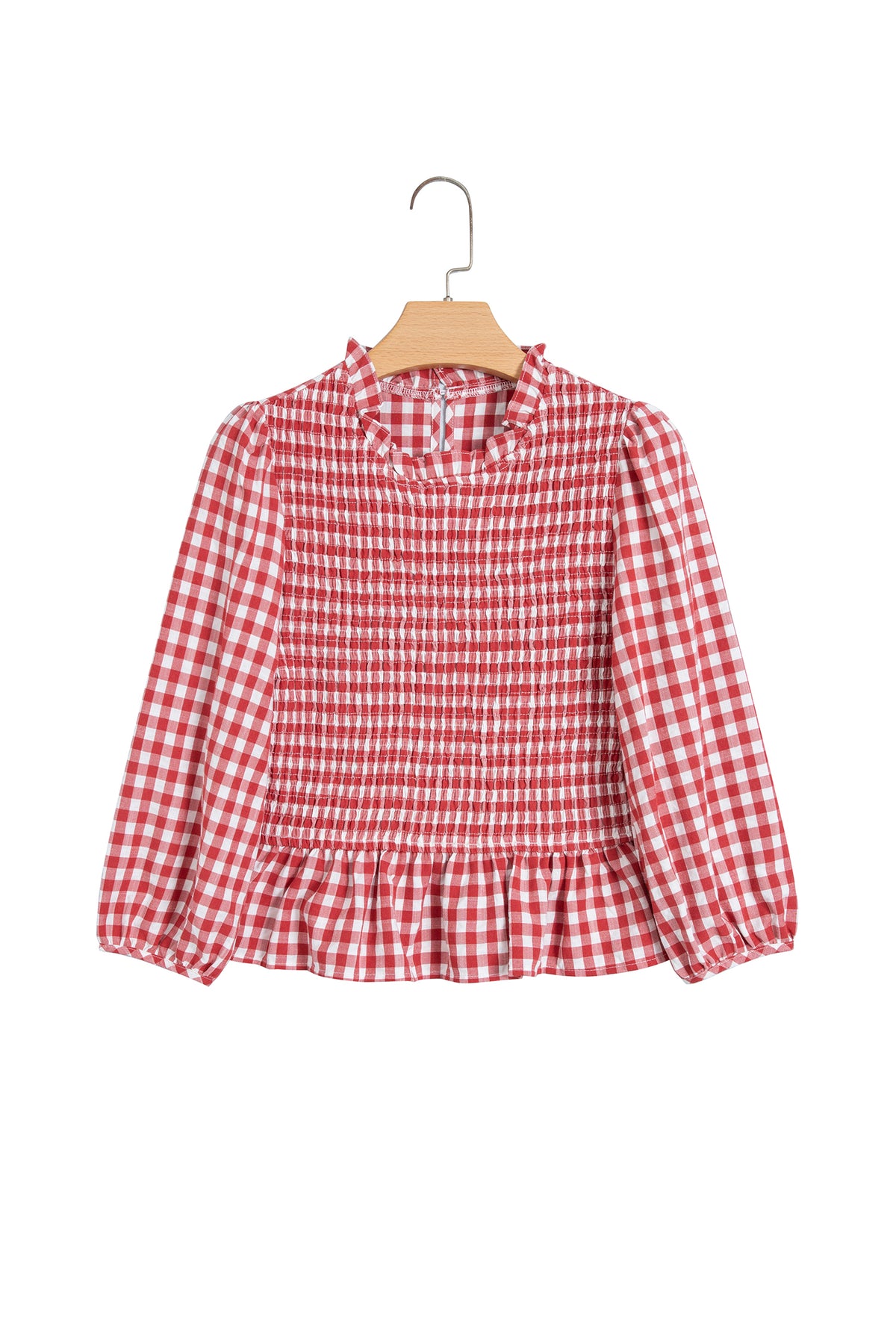 Green 3/4 Sleeve Shirred Plaid Peplum Top