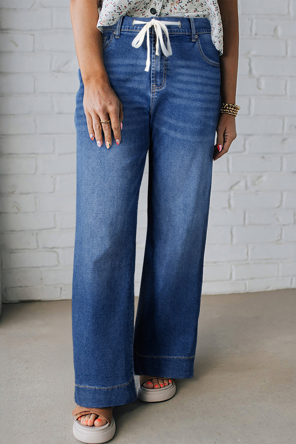 Dark Blue Acid Wash Contrast Lace-up Plus Size Jeans