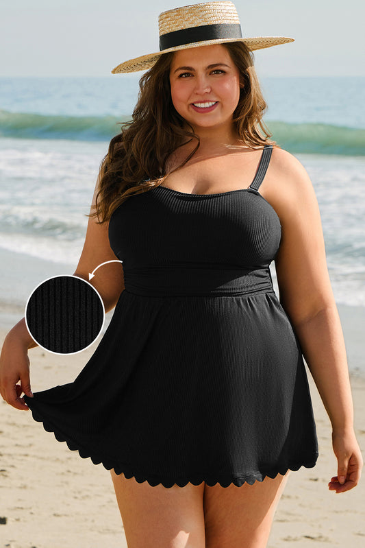 Black Plus Size Textured Scalloped Trim Swim Dress with Panty image 0