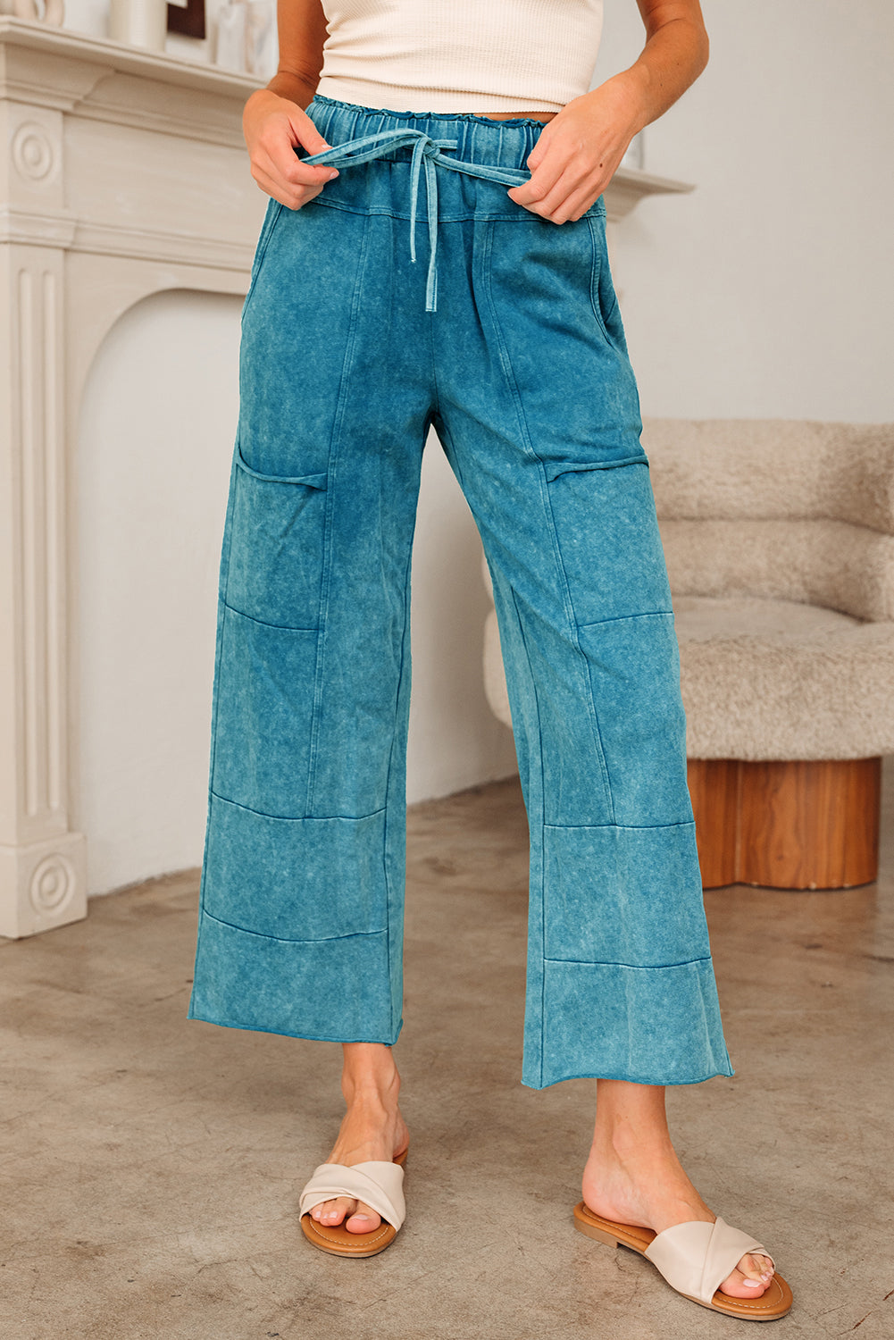 Wild Ginger Mineral Wash Lace-up High Waist Raw Hem Patched Pocket Pants