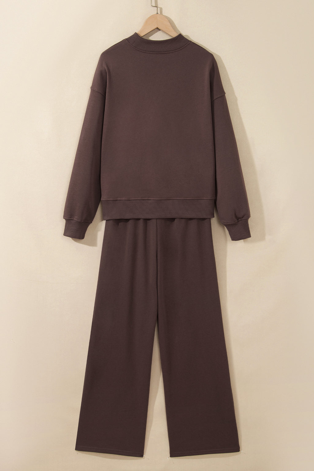 Coffee Solid Color Piping Trim Mock Neck Pullover Drawstring Pants Set