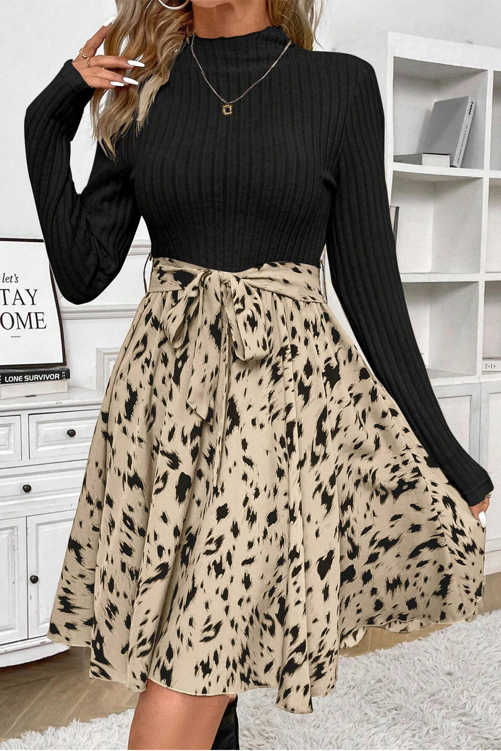 Black Ribbed Knit Patchwork Printed Belted A-line Dress image 4