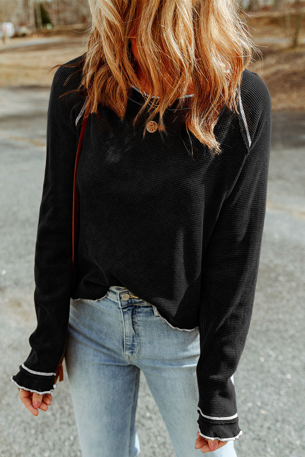 Smoke Gray Textured Round Neck Long Sleeve Top