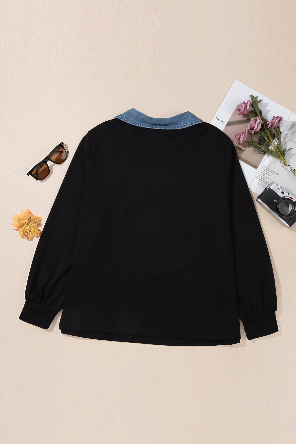 Black Solid V Neck Tunic Shift Long Sleeve Plus Size Blouse