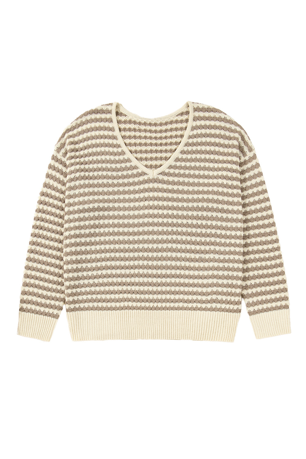 Khaki Stripe Plus Size V Neck Drop Shoulder Sweater