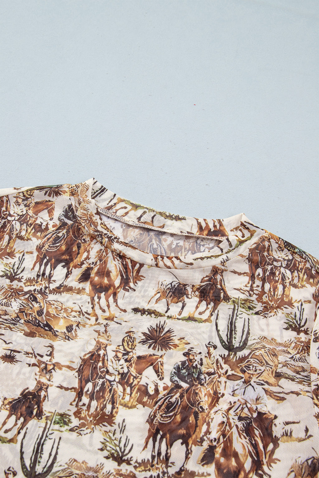 Brown Western Cowboy Floral Print Sheer Mesh Long Sleeve Top