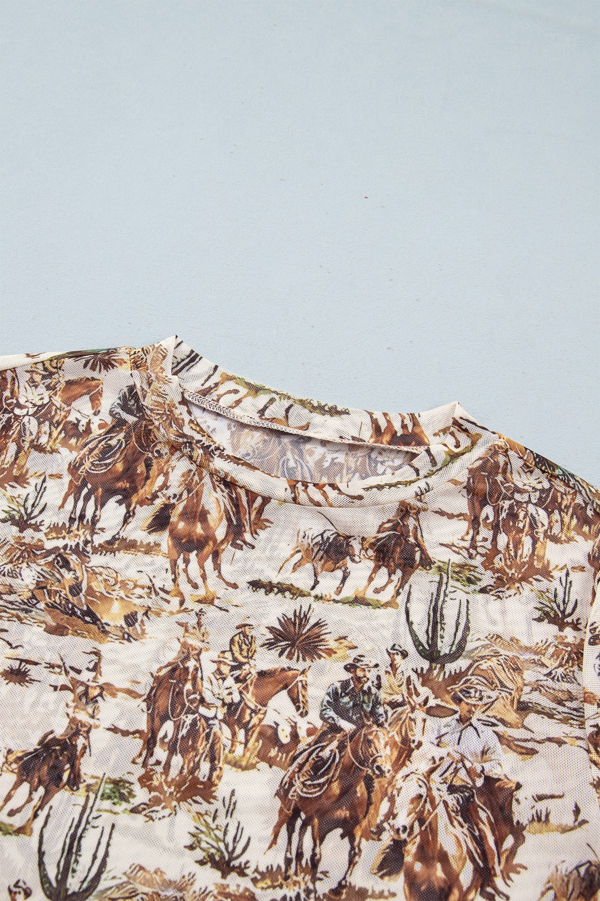 Brown Western Cowboy Floral Print Sheer Mesh Long Sleeve Top