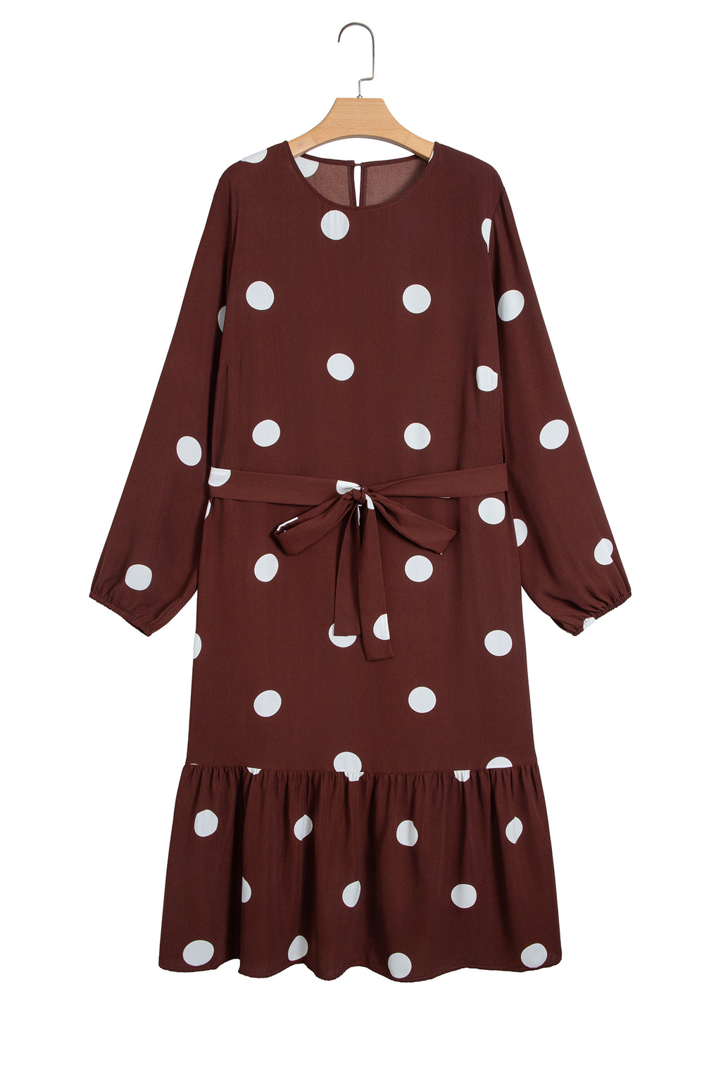 Brown Polka Dot Ruffled Hem Long Sleeve Tie Waist Plus Size Dress