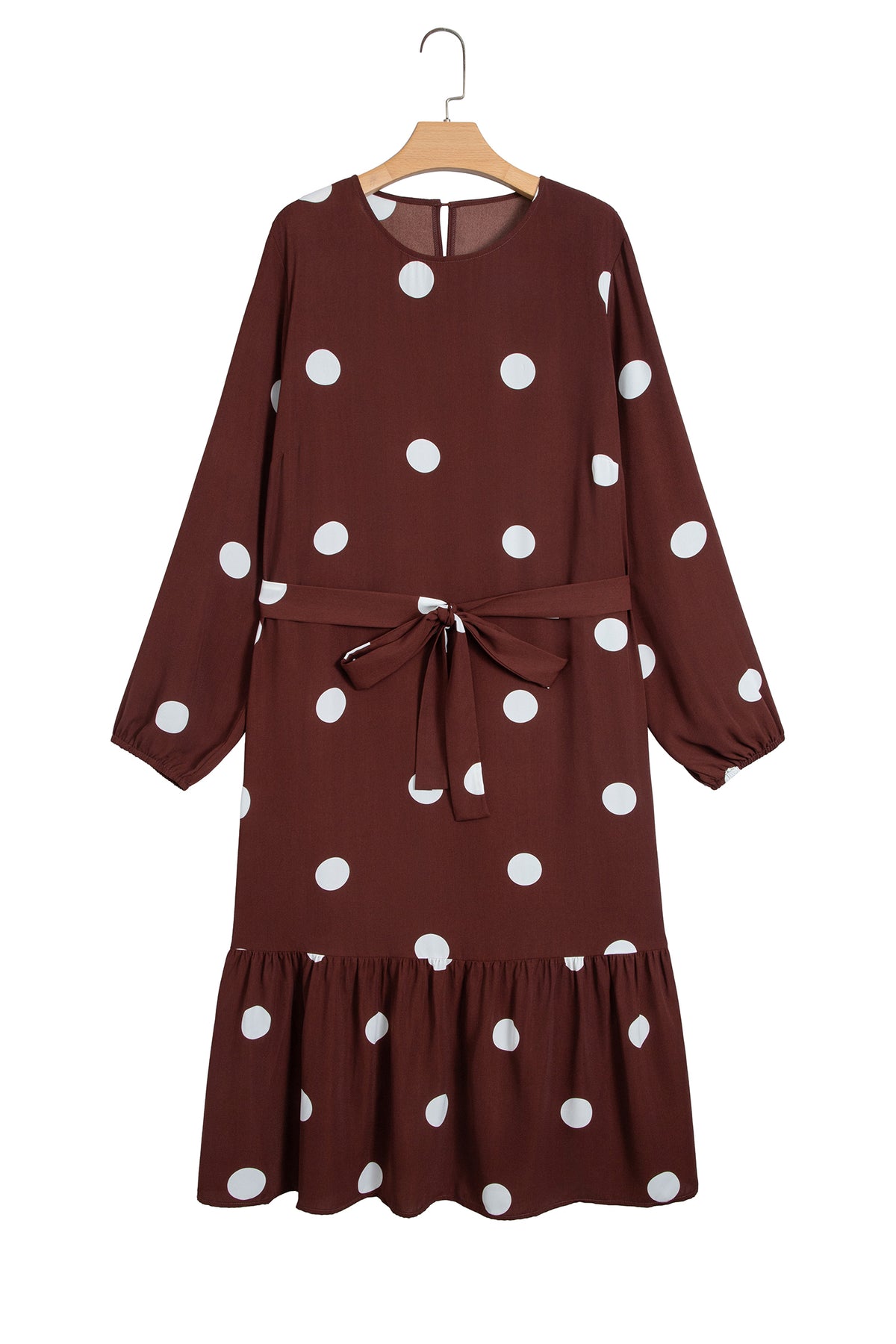 Brown Polka Dot Ruffled Hem Long Sleeve Tie Waist Plus Size Dress