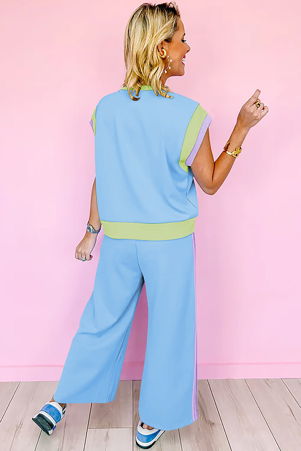 White Color Block Detail Casual Two-piece Set