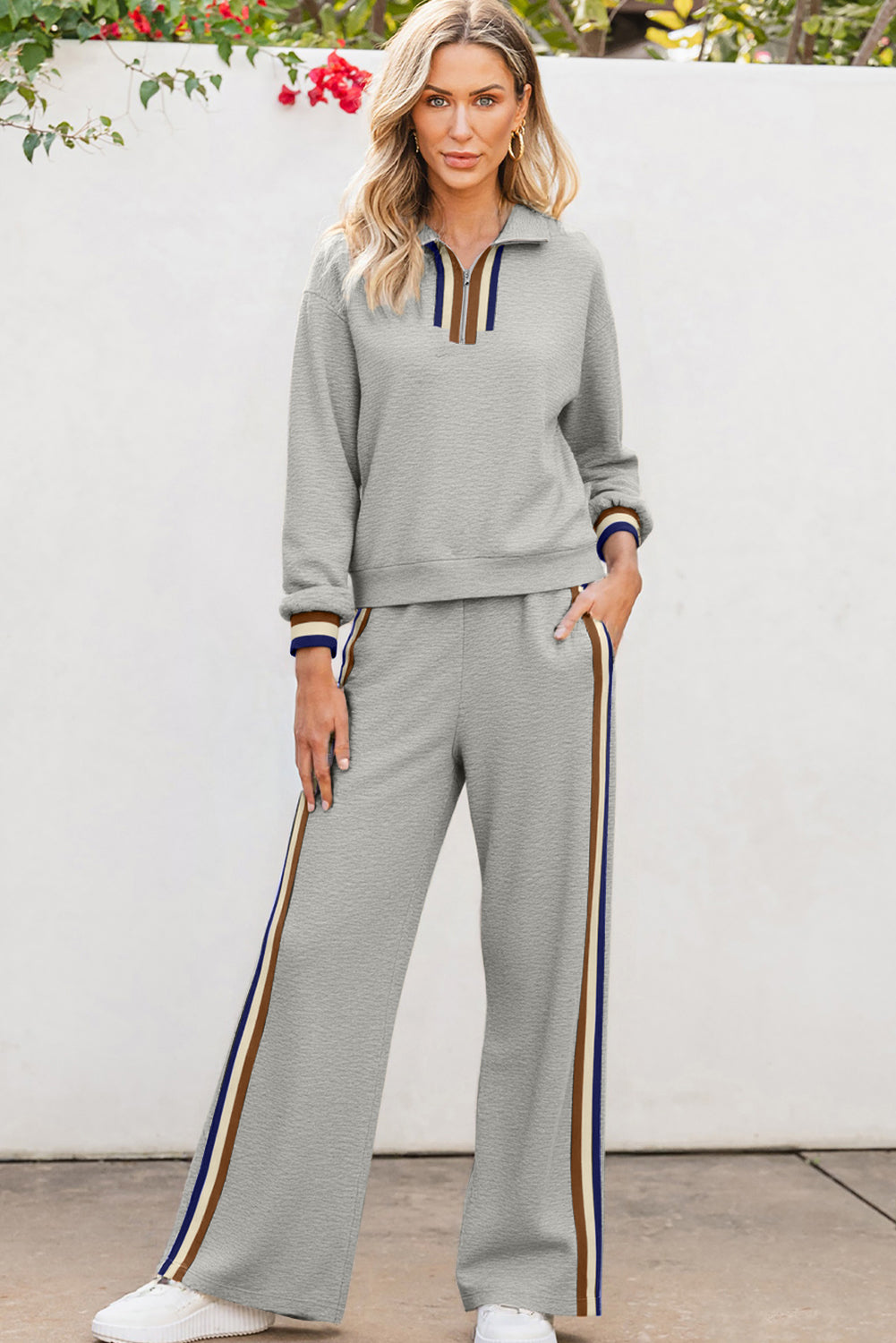 Apricot Striped Patchwork Quarter Zip Pullover Loose Pant Set
