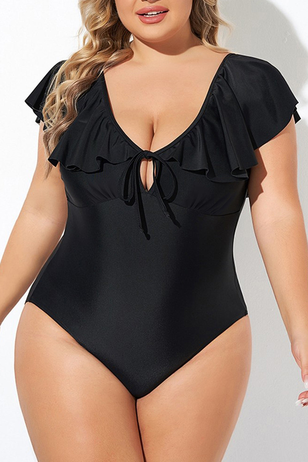Black Ruffled Sleeve Lace-up V Neck Plus Size One Piece Swimsuit image 6