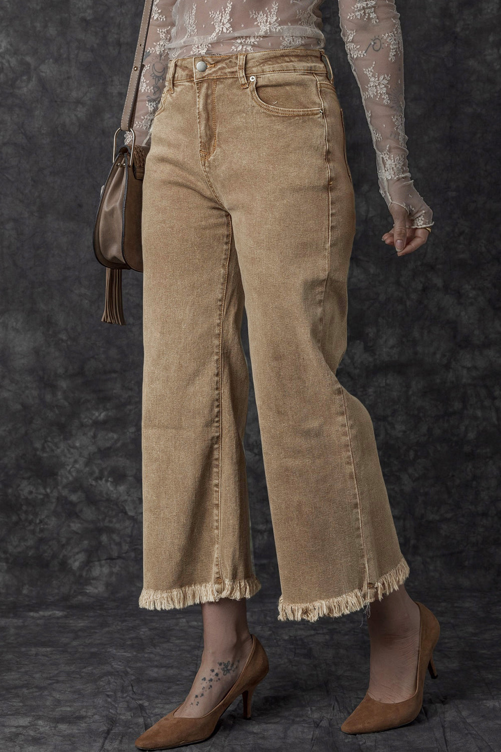 Peach Blossom Acid Washed High Rise Cropped Wide Leg Jeans