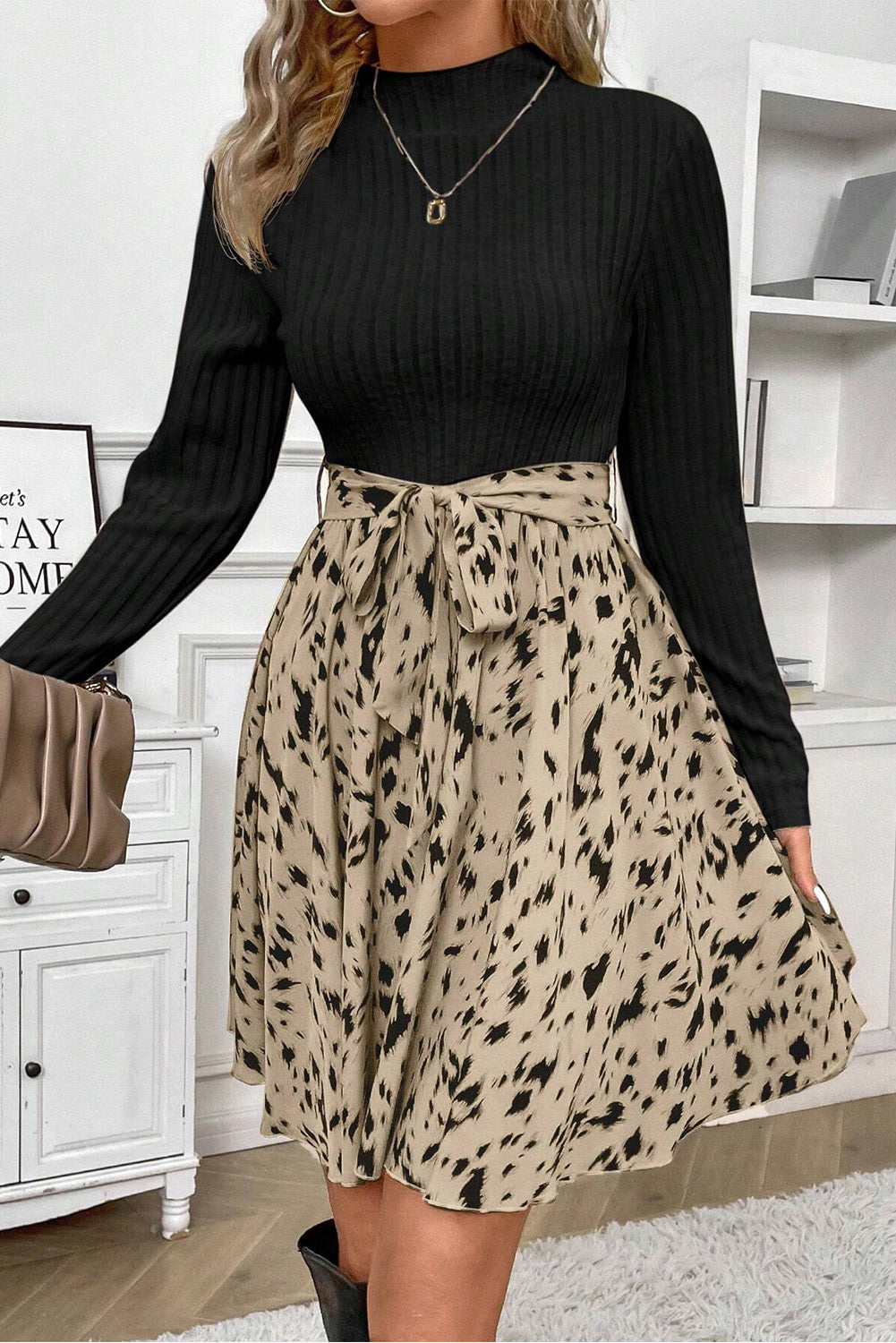 Black Ribbed Knit Patchwork Printed Belted A-line Dress image 5