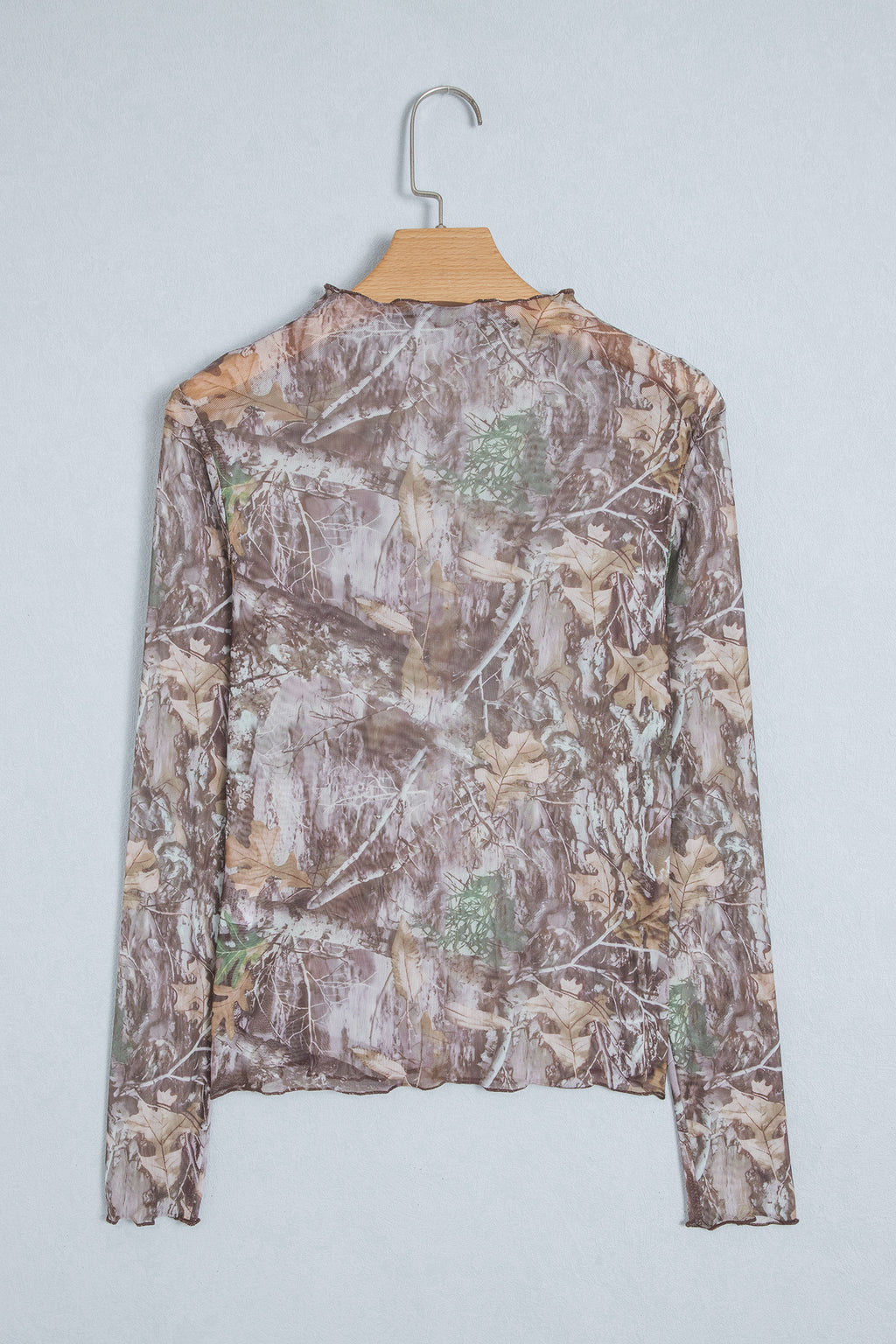 Oatmeal Western Print Slim Fit Mesh Long Sleeve Mock Neck Top