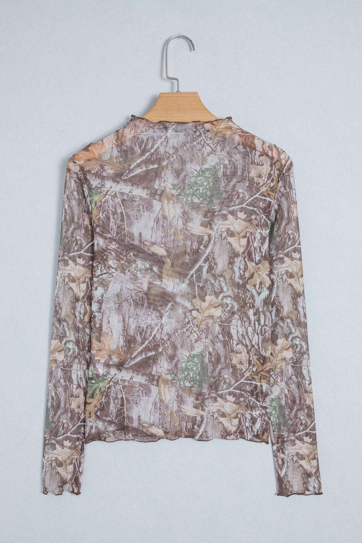 Oatmeal Western Print Slim Fit Mesh Long Sleeve Mock Neck Top
