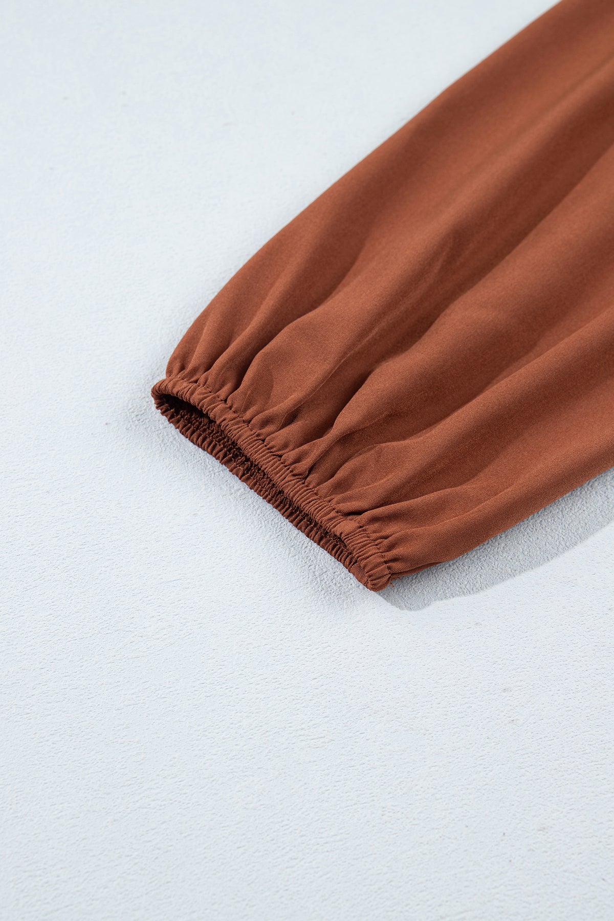 Coffee Solid Color Smocked Ruffle Hem Long Sleeve Blouse