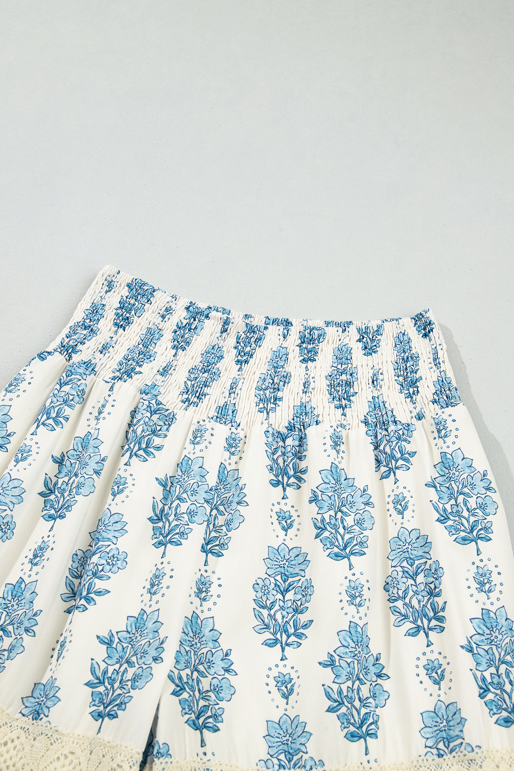 Sky Blue Floral Print Lace Patchwork Detail Wide Leg Pants