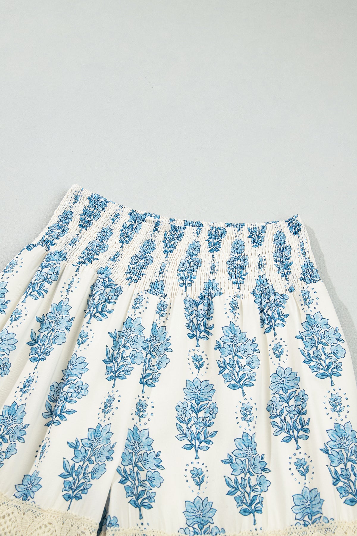 Sky Blue Floral Print Lace Patchwork Detail Wide Leg Pants
