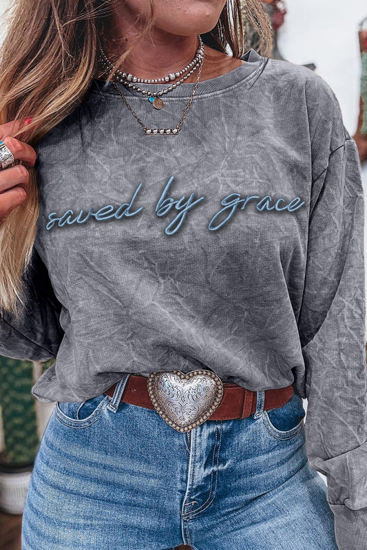 Mineral Red saved by grace Letter Embroidery Mineral Wash Loose Sweatshirt