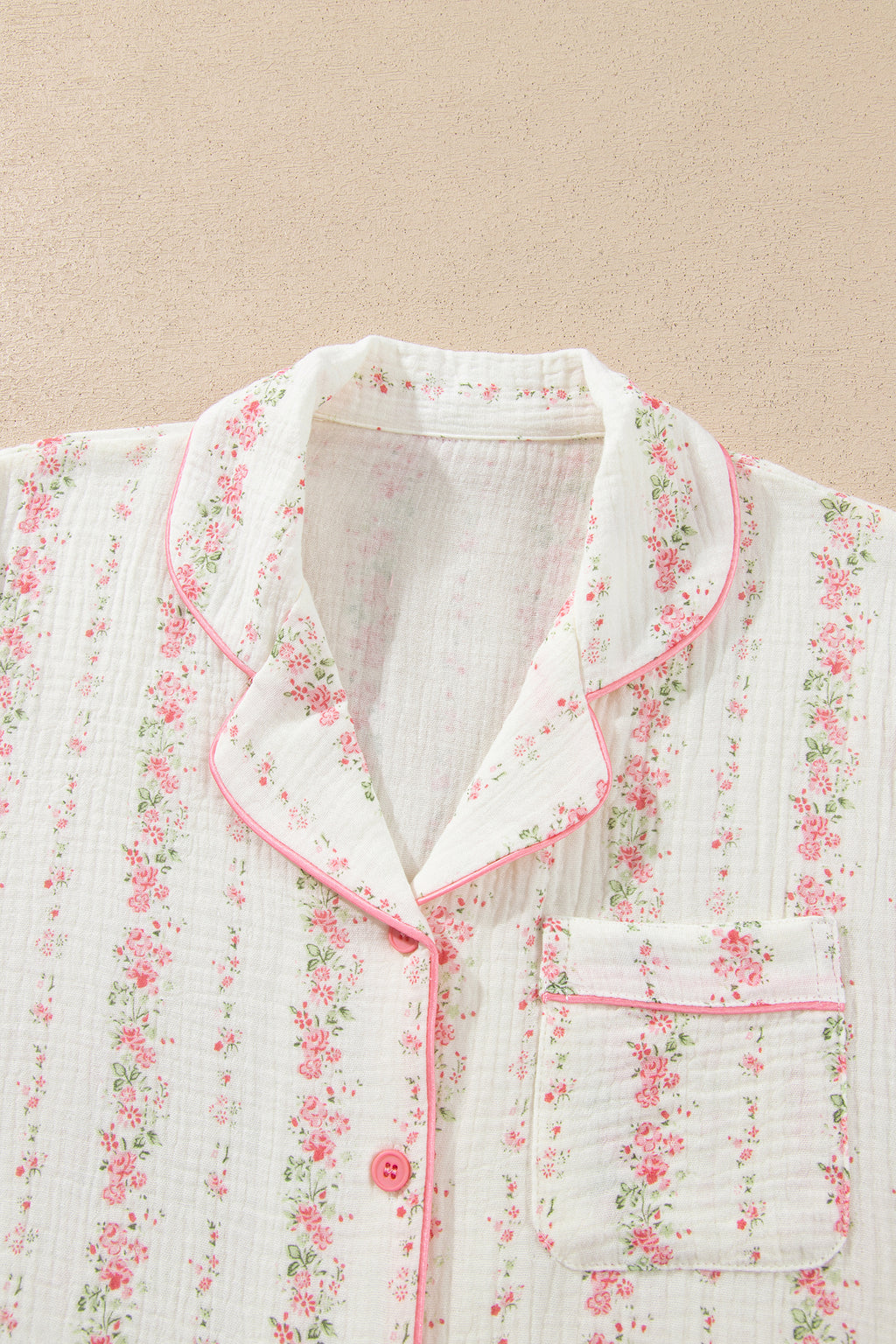 Pink Floral Print Long Sleeve Button Front Shirt Pajama Pant Set