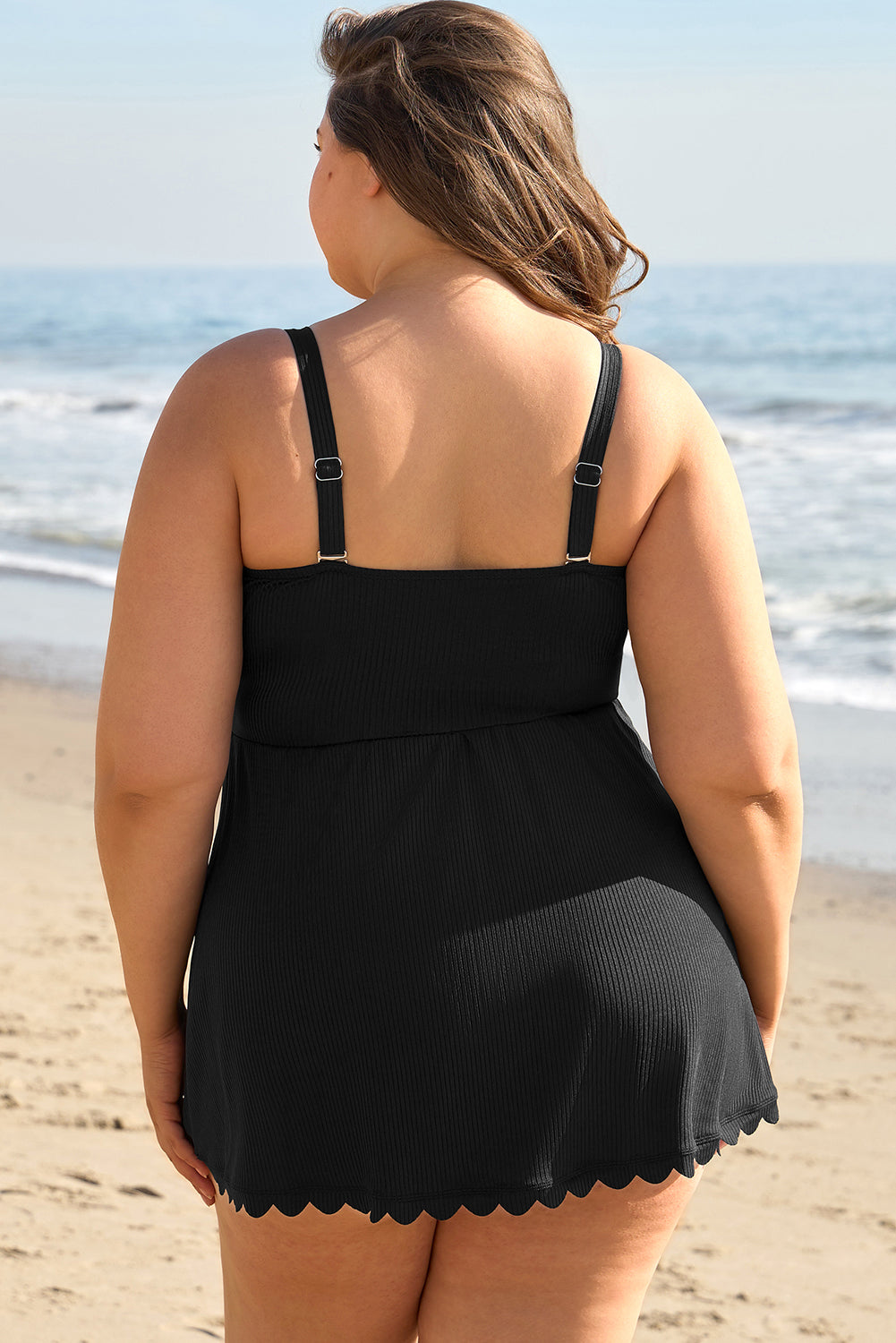 Black Plus Size Textured Scalloped Trim Swim Dress with Panty image 1