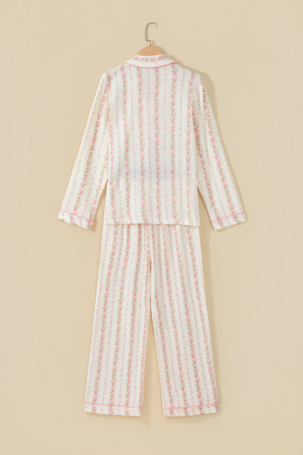 Pink Floral Print Long Sleeve Button Front Shirt Pajama Pant Set