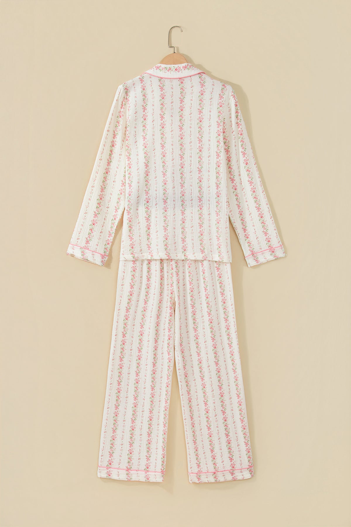 Pink Floral Print Long Sleeve Button Front Shirt Pajama Pant Set
