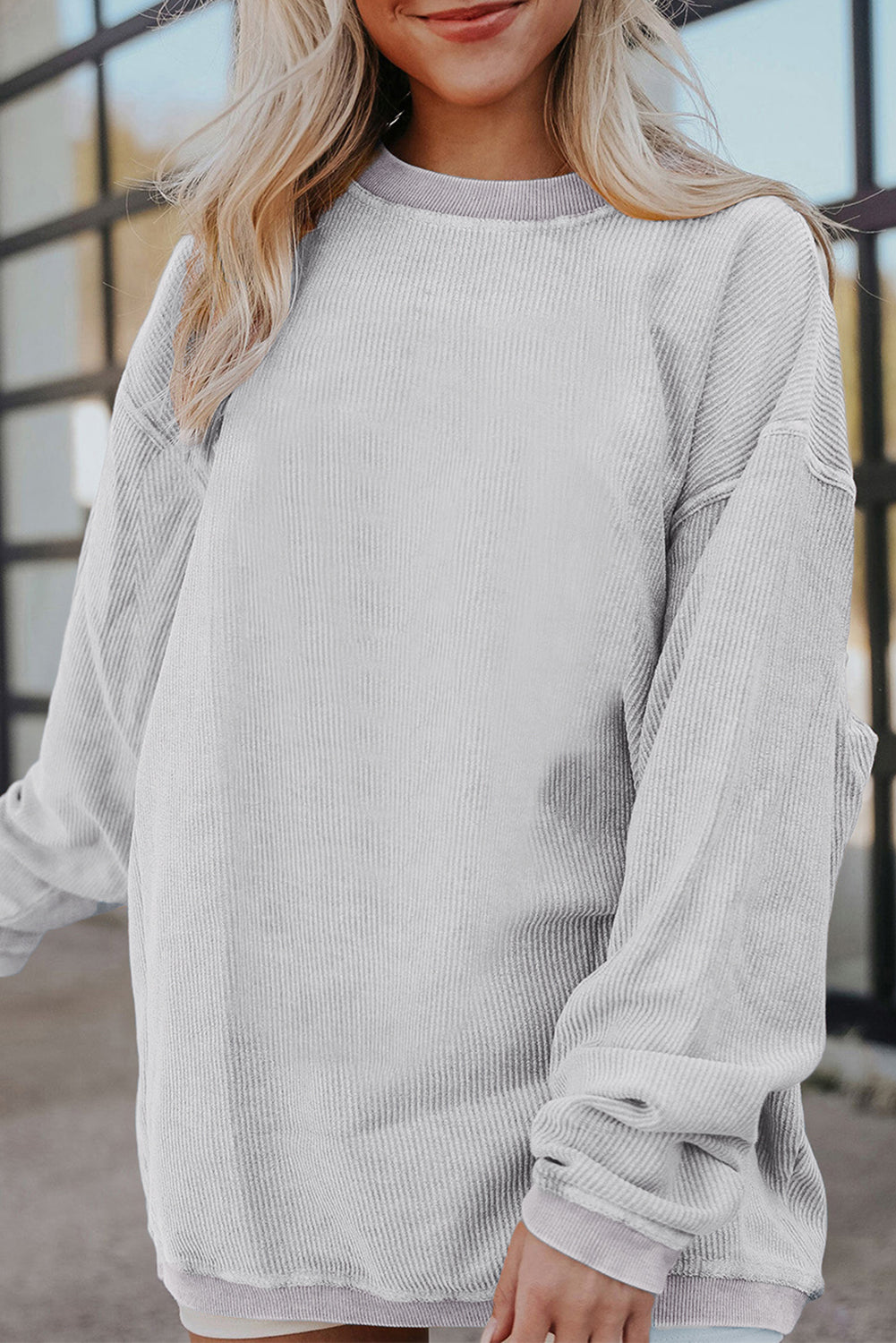 Strawberry Pink Ribbed Corduroy Oversized Sweatshirt