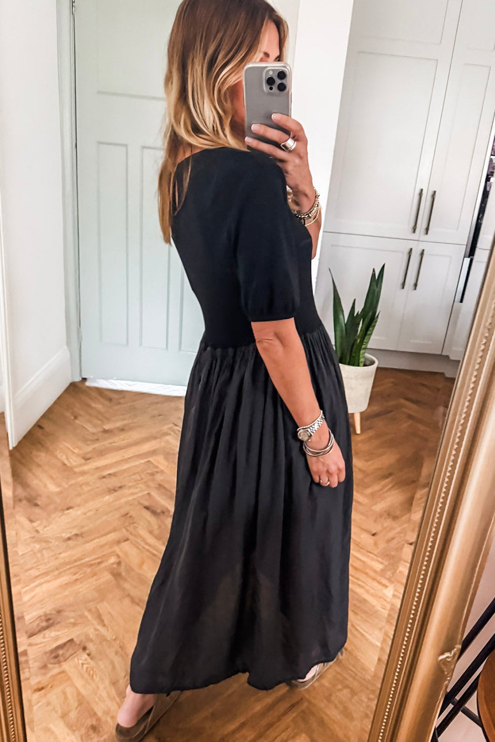 Coffee Short Sleeve Knit Top Patchwork Pleated Long Dress