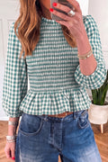 Green 3/4 Sleeve Shirred Plaid Peplum Top