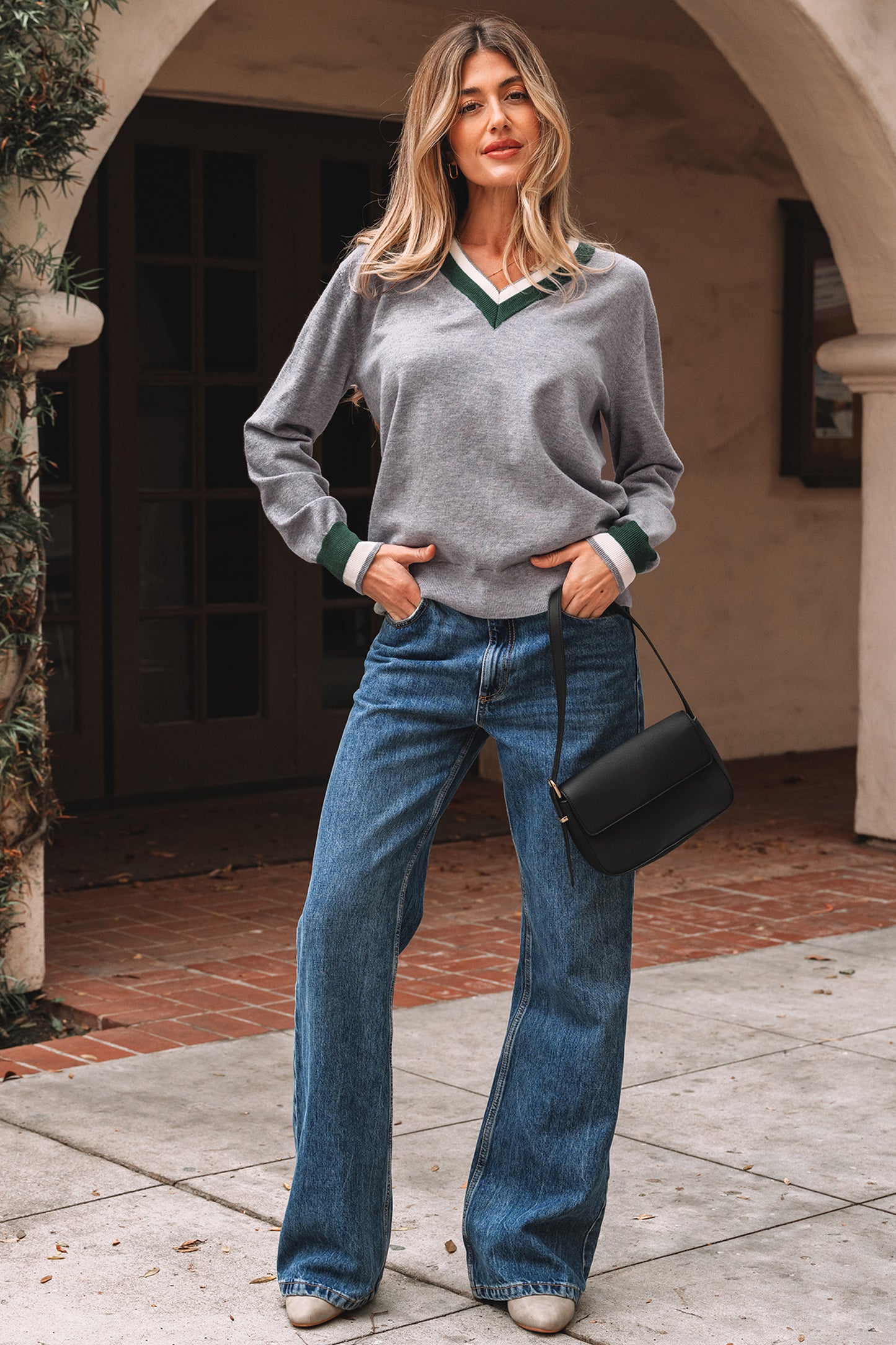 Gray Contrast Striped Trim V Neck Varsity Sweater