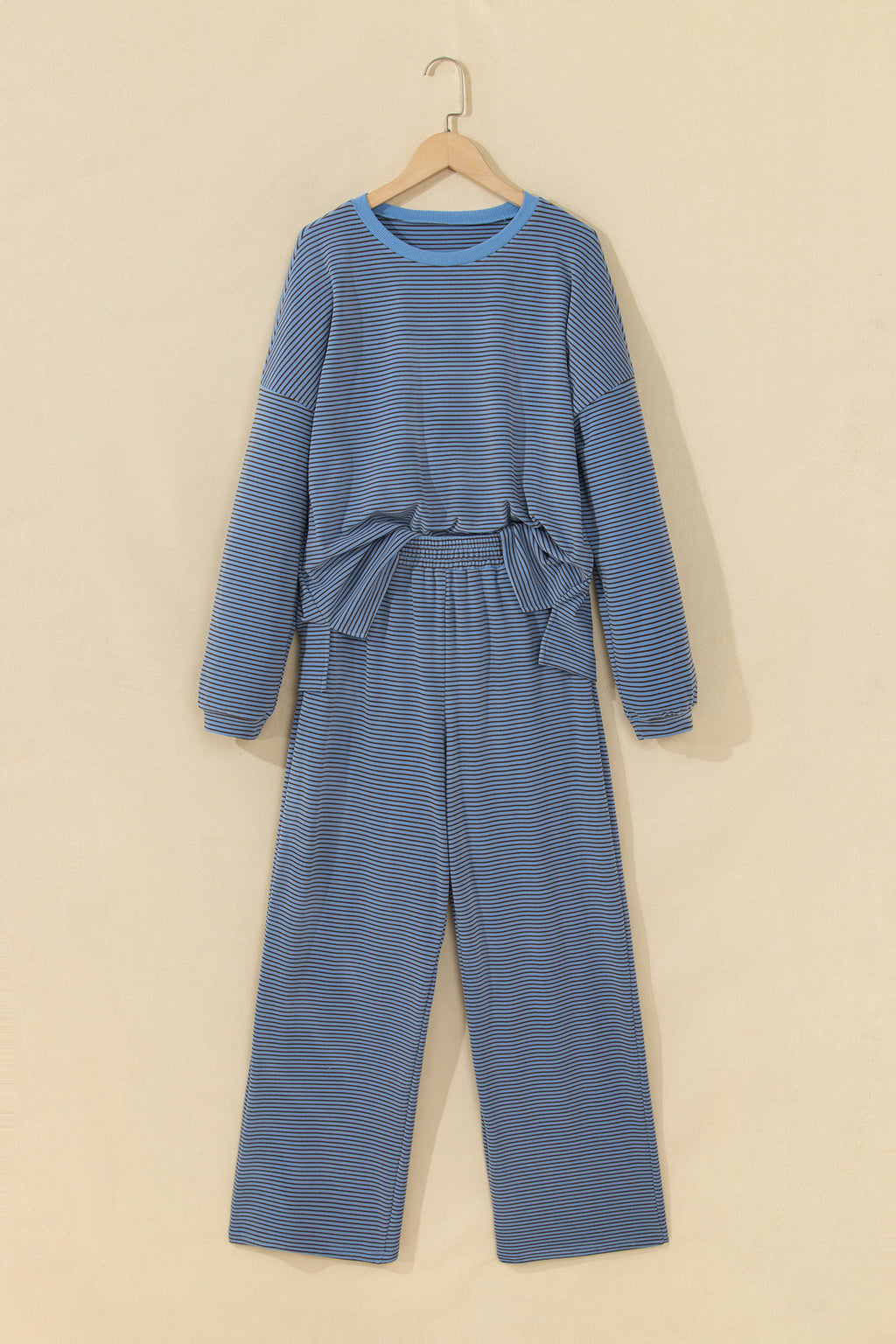 Beige Stripe Contrast Trim Round Neck Oversize Long Sleeve Top 2pcs Pant Set