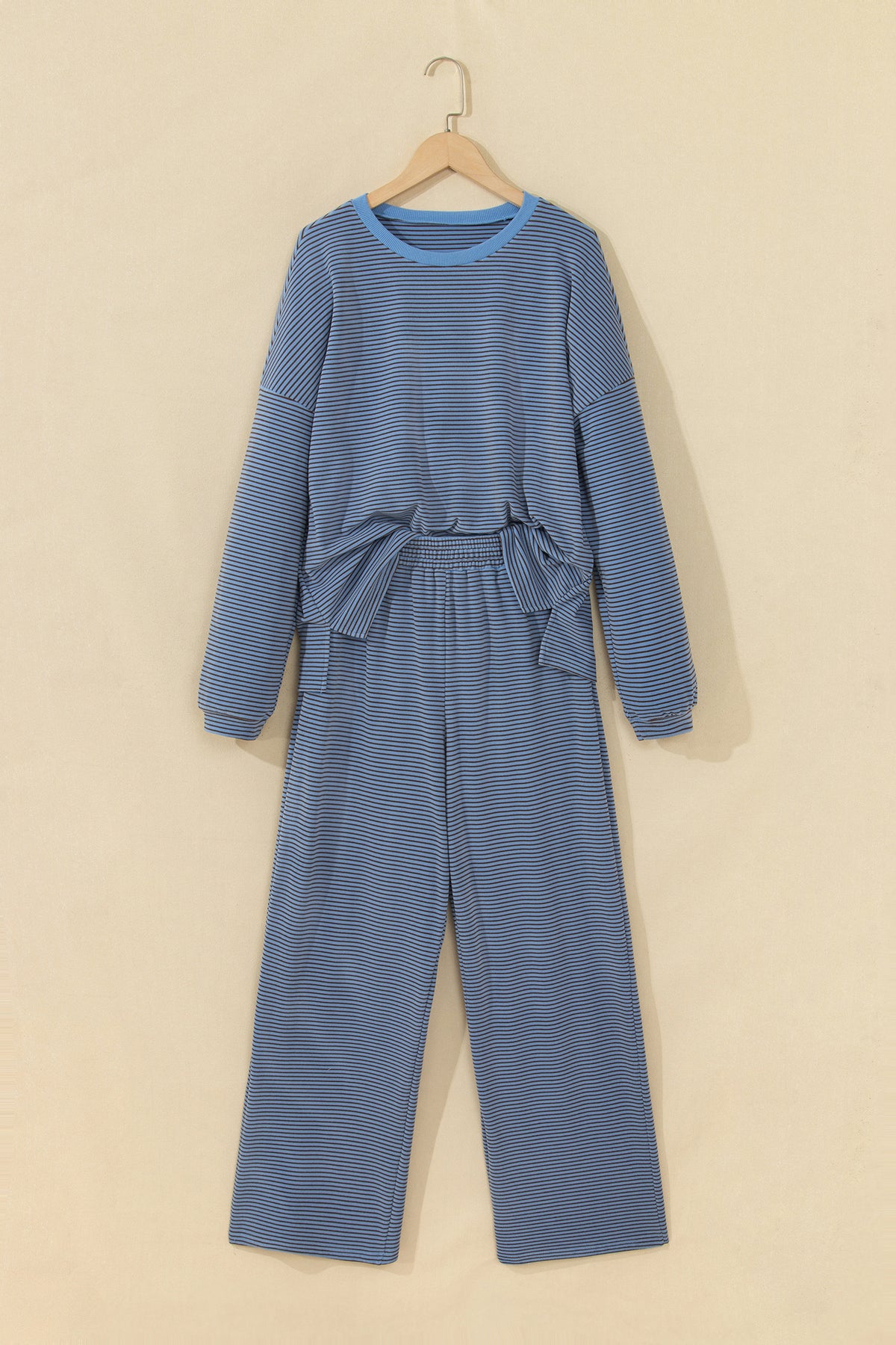 Beige Stripe Contrast Trim Round Neck Oversize Long Sleeve Top 2pcs Pant Set