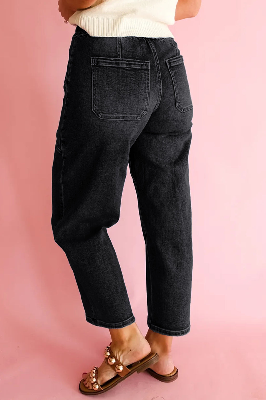 Black Drawstring Waist Ankle Length Casual Jeans Regular Fit Pocket Detail Denim Pants