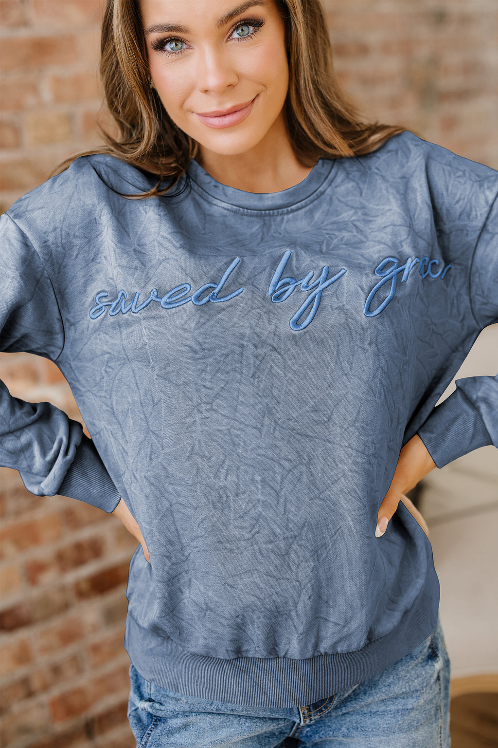 Mineral Red saved by grace Letter Embroidery Mineral Wash Loose Sweatshirt