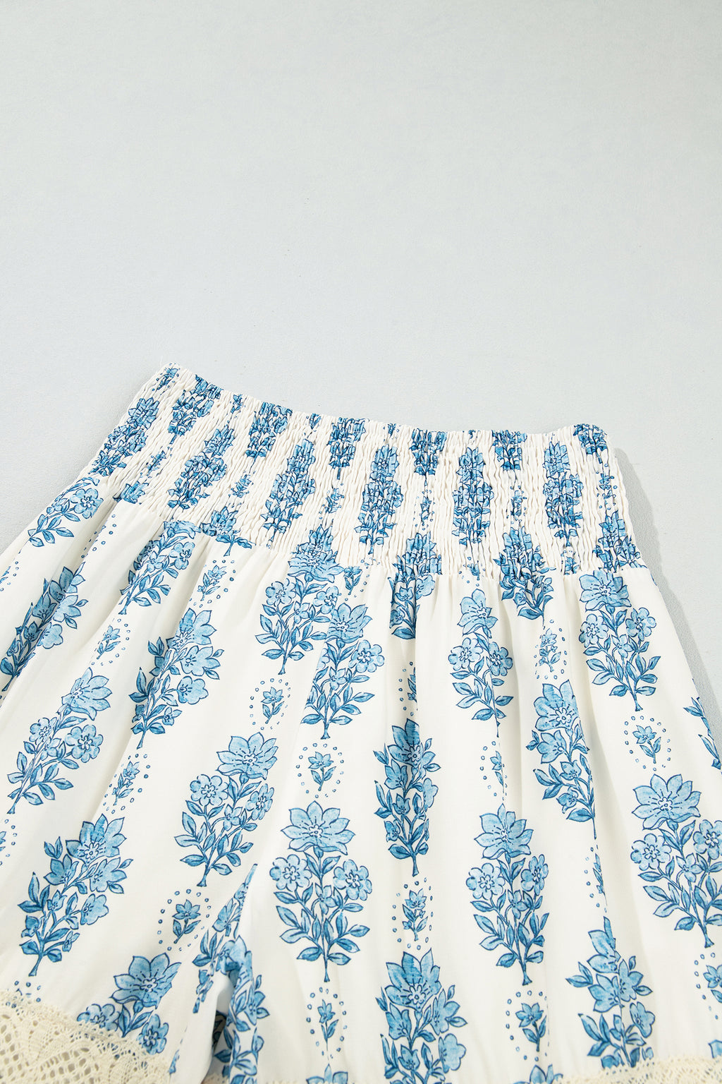 Sky Blue Floral Print Lace Patchwork Detail Wide Leg Pants