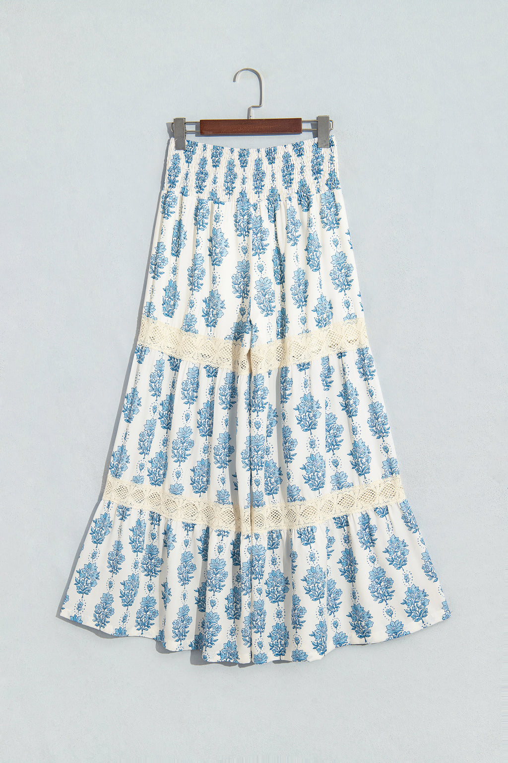 Sky Blue Floral Print Lace Patchwork Detail Wide Leg Pants
