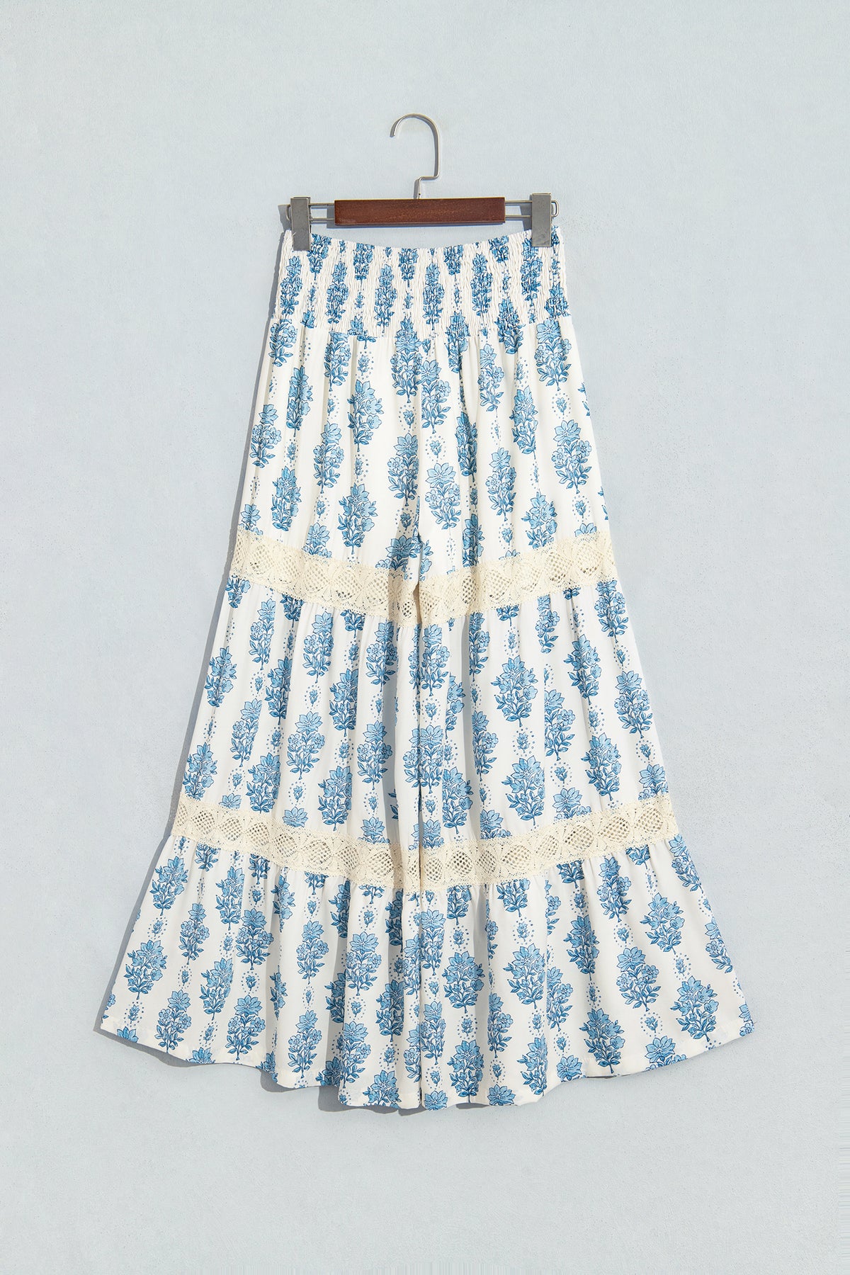 Sky Blue Floral Print Lace Patchwork Detail Wide Leg Pants