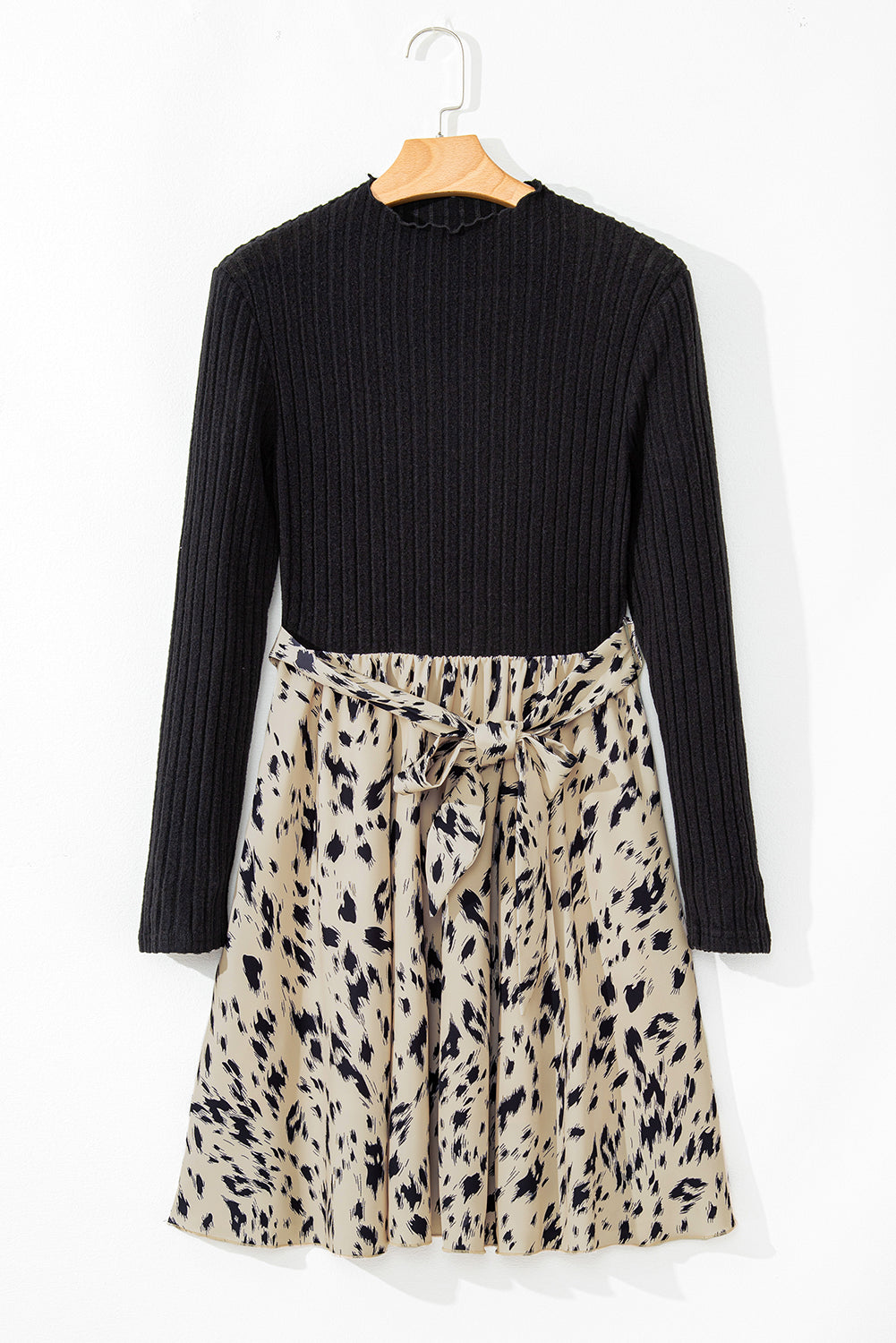 Black Ribbed Knit Patchwork Printed Belted A-line Dress image 6