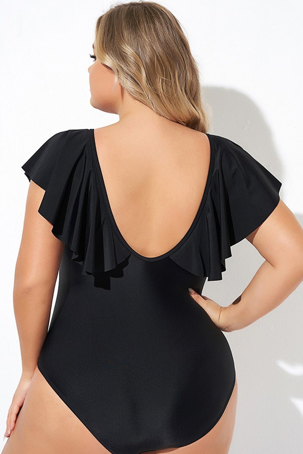 Black Ruffled Sleeve Lace-up V Neck Plus Size One Piece Swimsuit image 7