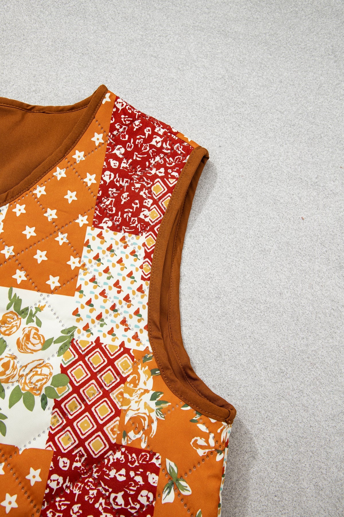 Golden Fleece Quilted Floral Patchwork Contrast Trim V Neck Button Vest