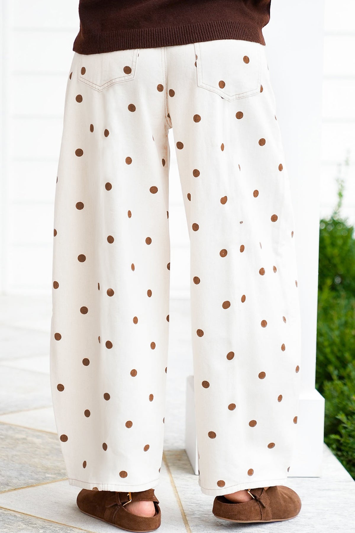 Beige Polka Dot Print Plus Size Barrel Jeans