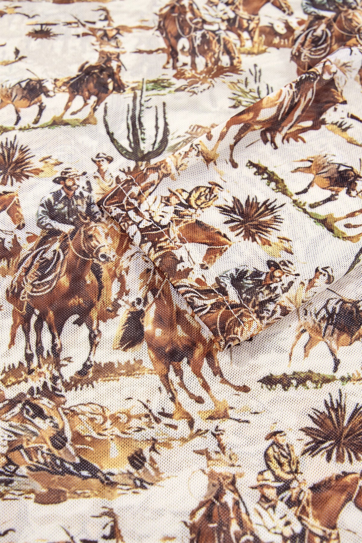 Brown Western Cowboy Floral Print Sheer Mesh Long Sleeve Top