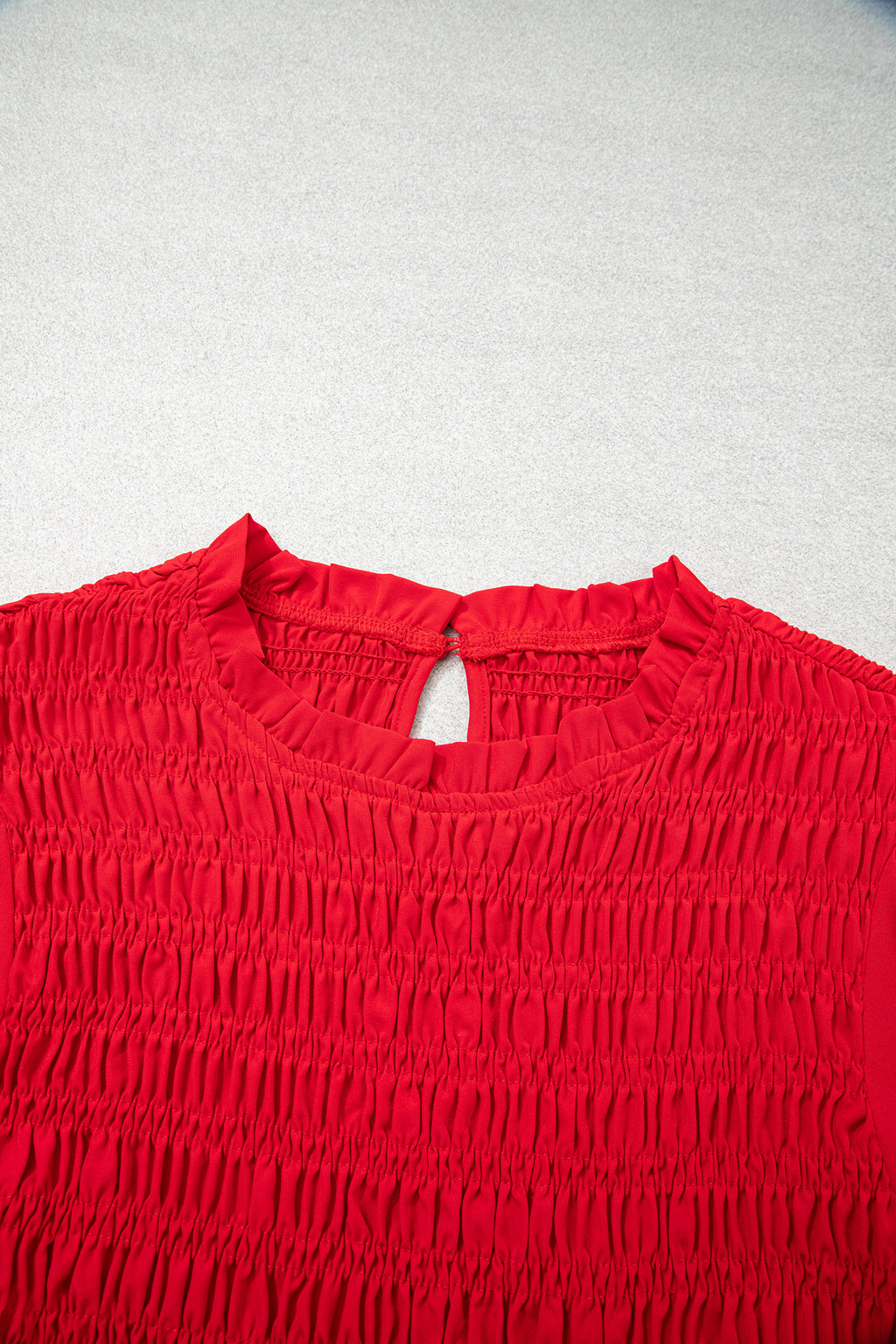 Coffee Solid Color Smocked Ruffle Hem Long Sleeve Blouse