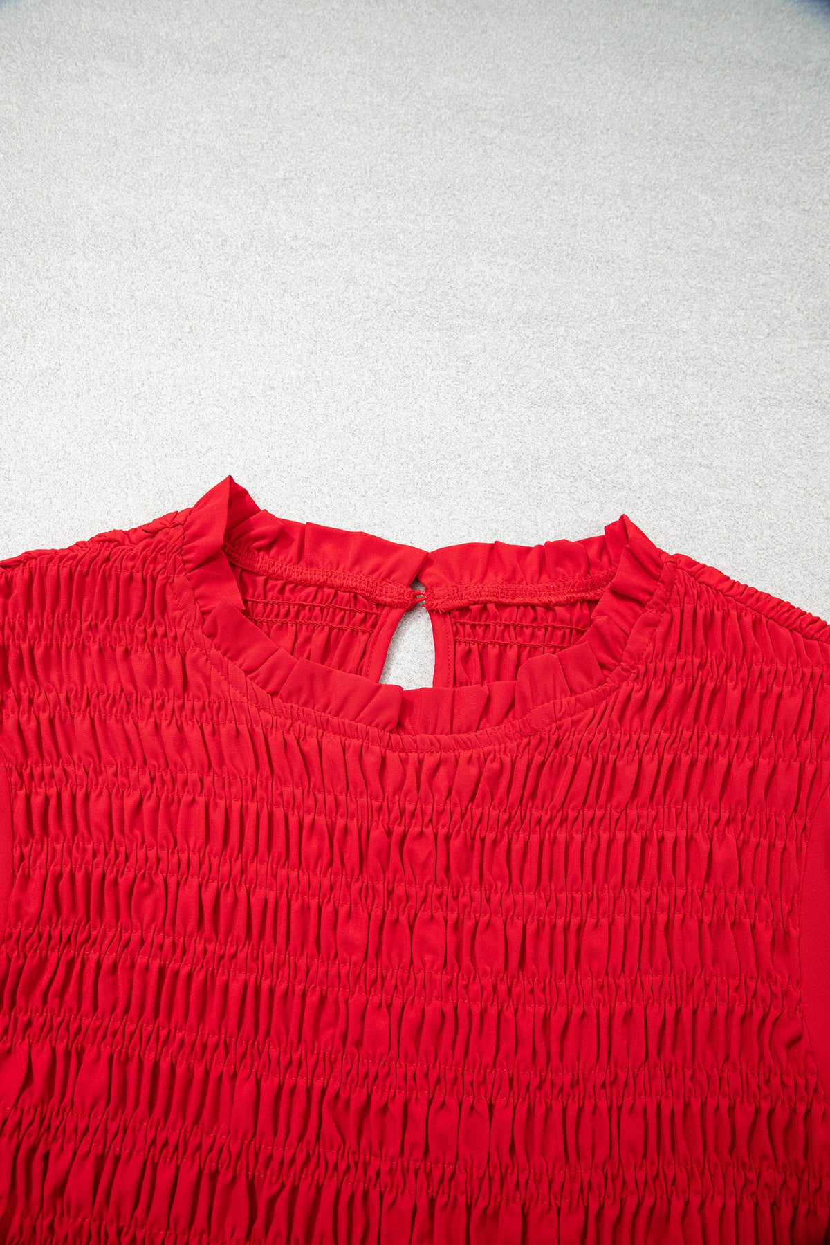Coffee Solid Color Smocked Ruffle Hem Long Sleeve Blouse