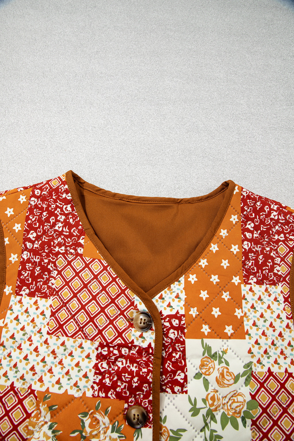 Golden Fleece Quilted Floral Patchwork Contrast Trim V Neck Button Vest