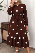 Brown Polka Dot Ruffled Hem Long Sleeve Tie Waist Plus Size Dress